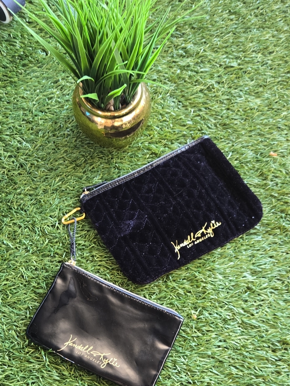 Kendall & Kylie Black Velvet and Patent Wristlet Duo with Gold Logo